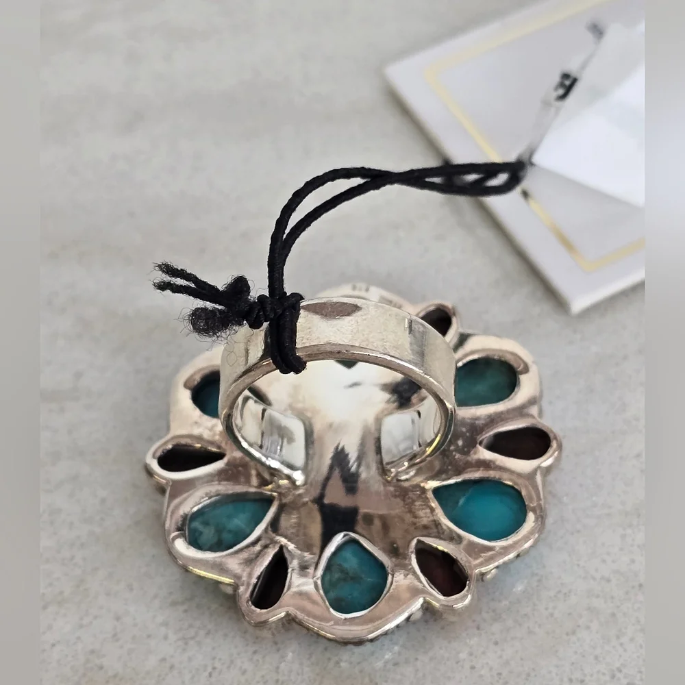 Large Sterling Silver Mohave Blue & Orange Turquoise Cluster Floral Ring 7 NWT
